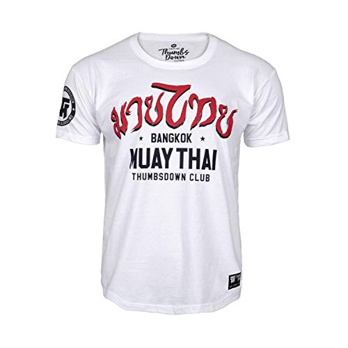 Pulgares Down Muay Tailandés Camiseta Bangkok. MMA. Gimnasio Entrenamiento. Marcial Artes Informal - Blanco, Medium