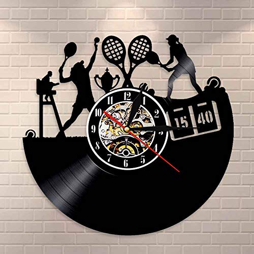Reloj de pared con diseño de jugador de tenis para mujer, diseño de discoteca de vinilo en vivo, club de tenis, decoración de pared retro regalo