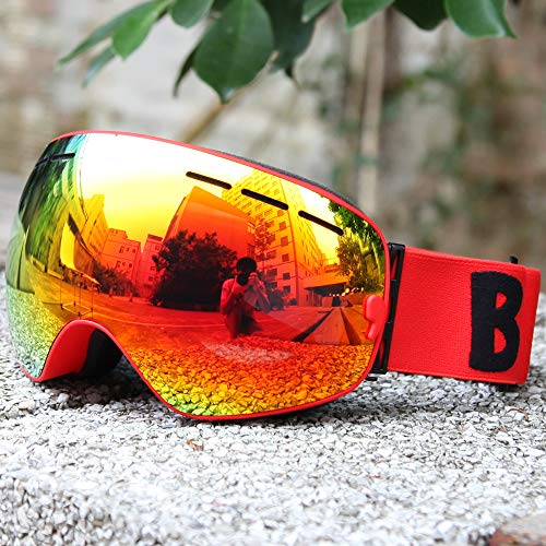 SMAA Protección contra la Niebla UV Gafas esquí, Compatible con Casco a Prueba Viento Doble Lente Gafas Nieve, Lentes Intercambiables, Hombres Mujeres, Esquí Patinaje Deportes al Aire Libre,Rojo
