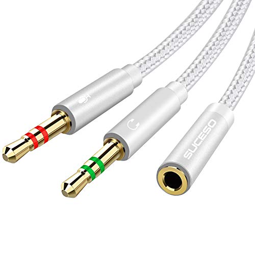 SUCESO Cable Adaptador Jack Hembra 3.5mm a Jack Doble Macho para Auricular Micrófono Separadas 3.5mm Macho a Mic y Audio 3.5mm Hembra para Auriculares para Gaming Headset,PC o Laptop-35cm(Plata)