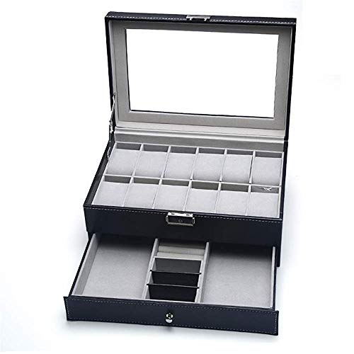 SunglassStorage Box - Caja de almacenamiento de piel y cristal de sol, con cerradura para cajón de cristal anizador, ideal para joyas y anizer HLSJ (color: negro, tamaño: 30 x 20 x 13 cm)