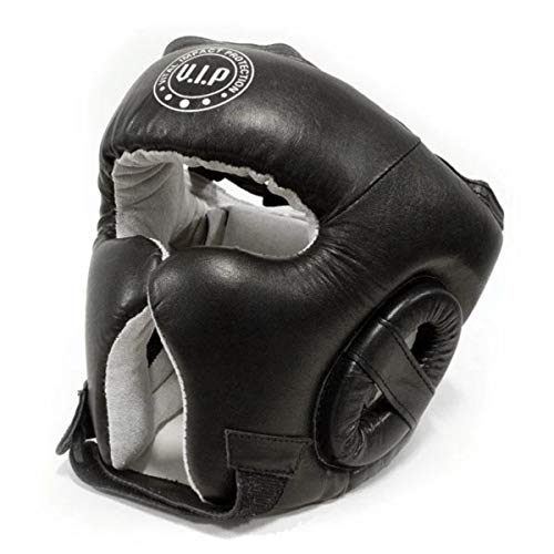 VIP Leather Pro Fight Quality Lace Up Boxing Headguard Protector Casco de Boxeo, Unisex Adulto, Negro, S/M