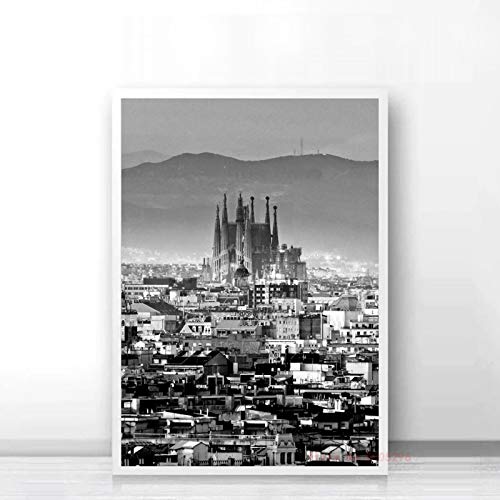 zhizunbao Cartel De Viaje De Barcelona Skyline España Impresiones Lienzo Pintura Sagrada Familia NOU Camp Cuadro De Arte De Pared para Dormitorio Decoración del Hogar A144(40X60Cm)