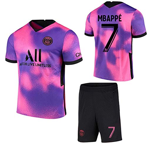 ZJFSL Camiseta de fútbol Paris Saint-Germain Away # 7 Mbappé Conjunto de Camisetas de fútbol Rosa Morado Conjunto de Camiseta y pantalón Corto de Entrenamiento Deportivo para Adultos y niños