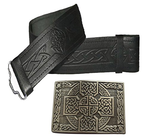 Cinturón de piel y hebilla, muchos tamaños y diseños para elegir Negro Negro en relieve con hebilla de nudo celta antigua. 116,84 cm