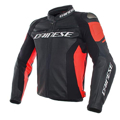 Dainese Racing 3  perforado piel moto chaqueta color negro/negro/rojo fluorescente