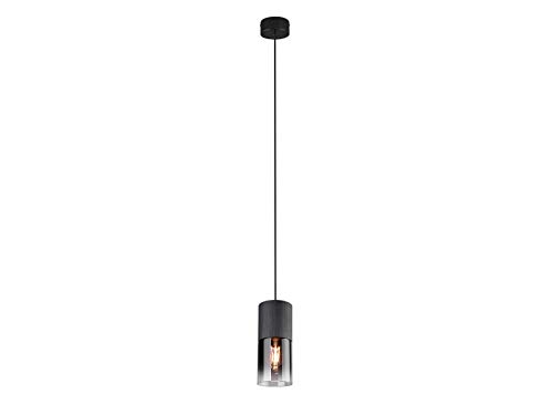 Elegante lámpara colgante cilíndrica LED de metal negro mate con una pantalla de cristal ahumado.