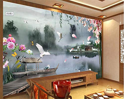 Fondo de pantalla personalizado Mural Jiangnan Paisaje Barco Puente Chalet Egrets Dormitorio TV Fondo de pantalla de pared para paredes-430 * 300 cm
