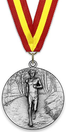 Medalla de Metal Personalizable - Cross Country Masculino - Color Plata - 6,4cm - Cinta Incluida - Colores de Cinta - Rojo-Amarillo-Rojo