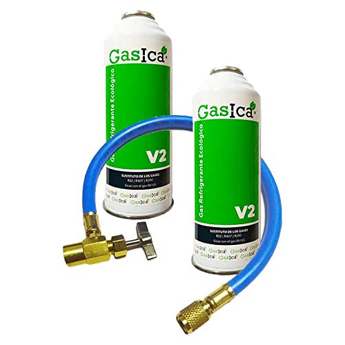 Todoelectrico Pack 2 Botellas Gas refrigerante orgánico V2 Sustituto R22/R407 R410A con Manguera Recarga Aire Acondicionado 1/2-1/4