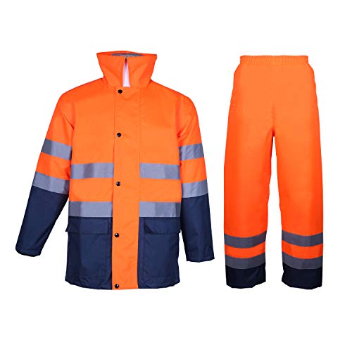 Traje de lluvia de alta visibilidad de clase 3 con capucha plegable, chaqueta y pantalón de trabajo impermeables de seguridad reflectantes azul marino (naranja 4XL)