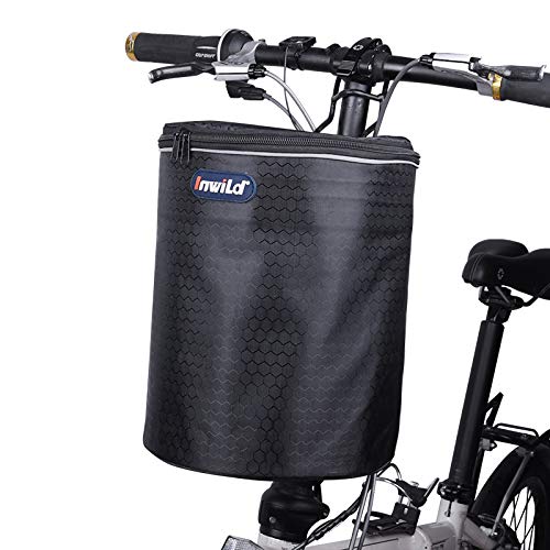 WTTX Cesta delantera para bicicleta, cesta para manillar extraíble, cesta delantera plegable, con tapa y adaptador para manillar, 23,5 x 28 cm, color negro