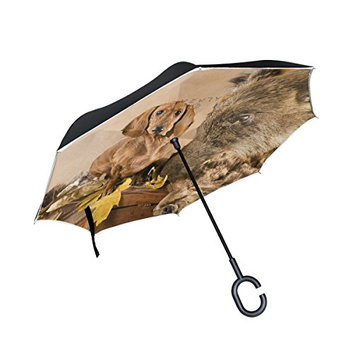 XiangHeFu Paraguas invertido de doble capa invertido con trofeo de caza, plegable, resistente al viento, protección UV, gran recto, para coche con mango en forma de C