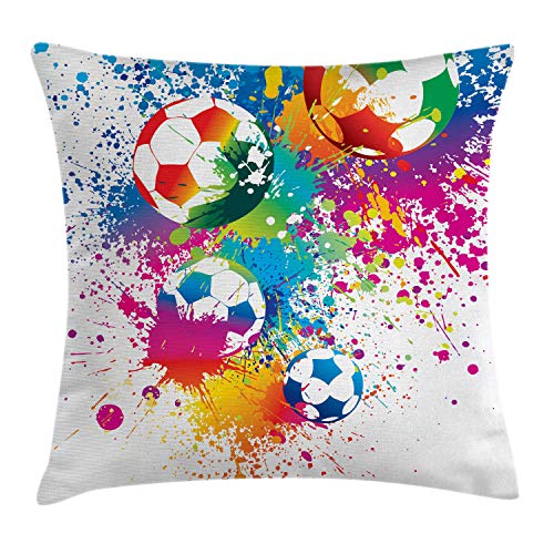 ABAKUHAUS Fútbol Funda para Almohada, Salpicaduras de Color sobre Pelotas de Fútbol Copa Mundial Campeonato Arte Atleta, Decorativo, Estampado en Ambos Lados, 40 x 40 cm, Multicolor