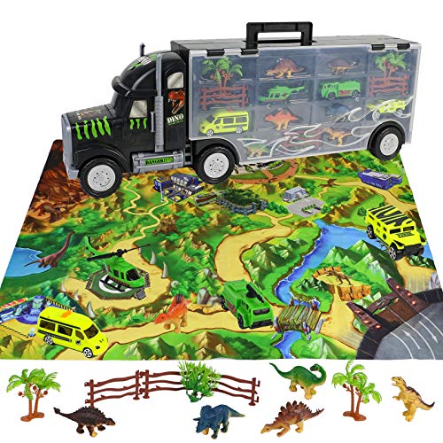 Camion Transportador de Coches Remolque Juguetes Dinosaurios para Niños 3 4 5 6 Años Portacoches Juguete Conjunto Playset Incluye Total de 16 Accesorios