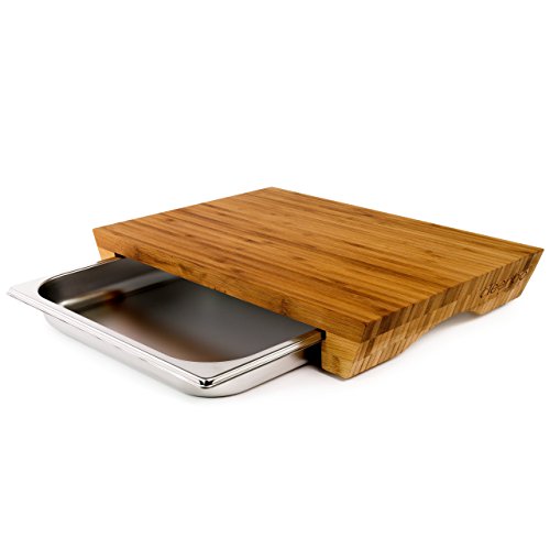cleenbo - Tabla de corte "style bamboo" con bandeja de acero inoxidable, tabla de cocina de bambú, dimensiones: 43 x 29 x 7 cm