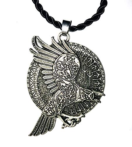 Collar de cuervo celta con círculo de runas vikingos – Colgante 3D grabado en la parte delantera y trasera – Potente símbolo místico esotérico alquímico – Regalo original Unisex Mujer Hombre