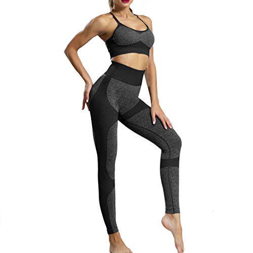 Conjunto De Ropa De Yoga Pantalones de Yoga Elásticos Deportivo Leggings y Sujetadores Deportivos para Gimnasio Running Yoga (Negro (Traje), M)