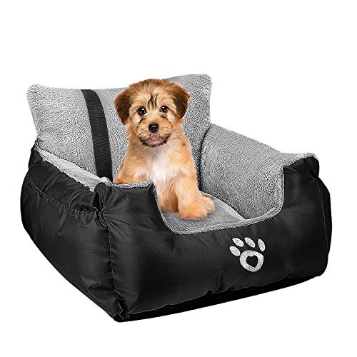 FRISTONE Asiento de coche para perros pequeños, asiento de seguridad para perros, bulldog salchicha, cama de viaje elevada, con correa de seguridad y bolsa de almacenamiento, color negro