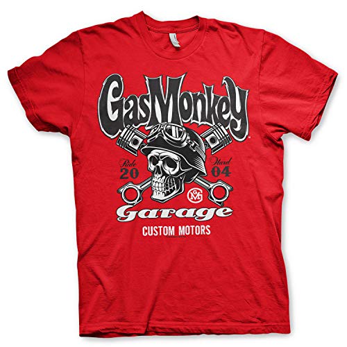 Gas Monkey Garage Officially Licensed - Custom Motors Skull T-Shirt Camiseta T Shirt GMG - 100% Original con Licencia Oficial (Rojo, Large)