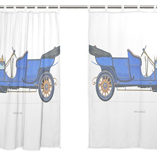 jstel 2 pcs Voile cortina de ventana, Vintage azul hispano Suiza coche, tul pura cortina Drape cama 55 x 78 (dos paneles Set