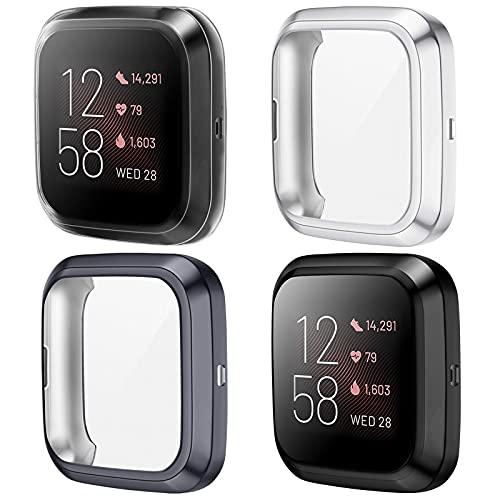 KIMILAR Funda Compatible con Fitbit Versa 2 Protector de Pantalla (NO para Versa/Versa Lite/SE), [4 Pack] Suave TPU Cubierta Cover Case para Versa 2 Smartwatch, Negro/Grafito/Plata/Claro