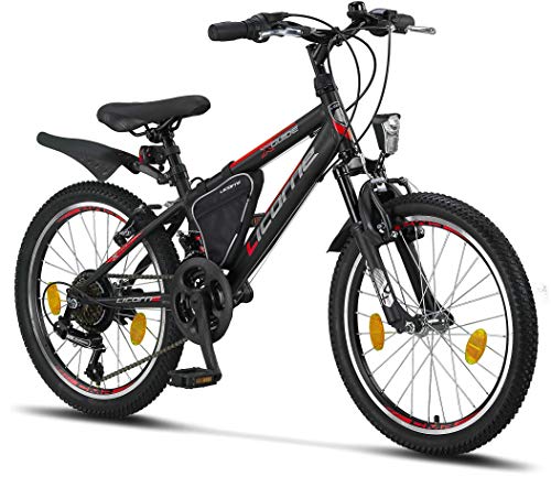 Licorne Bike Guide Bicicleta de montaña de 20 pulgadas, cambio Shimano de 18 velocidades, suspensión de horquilla, bicicleta infantil, bicicleta para niños y niñas, bolsa para cuadro, negro/rojo/gris