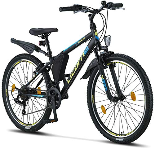 Licorne Bike Guide Bicicleta de montaña de 26 pulgadas, cambio Shimano de 21 velocidades,suspensión de horquilla,bicicleta para niños y niñas,bolsa para cuadro,negro/azul/verde lima