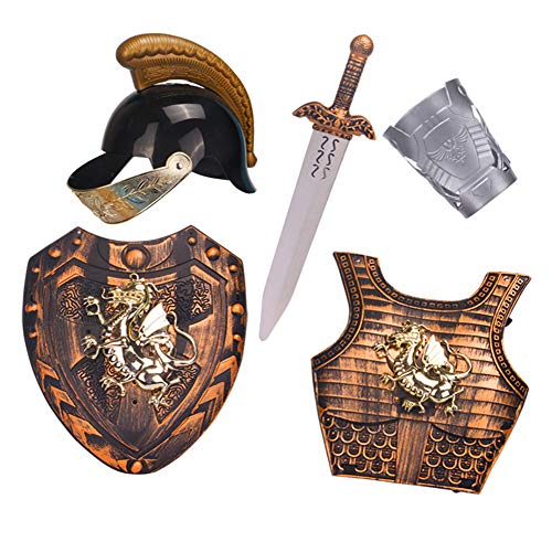 Lvbeis Child'Armadura Caballero Medieval-Casco,Espada,Escudo,Guardamanos de Armadura,Coraza para Niños Guerrero Cosplay,Gold