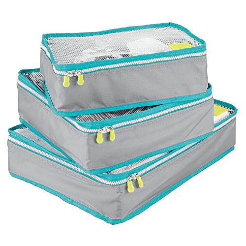 mDesign Juego de 3 cajas de almacenamiento con cremallera – Bolsas de tela o bolsas de viaje para maletas o bolsos – Cestas de poliéster transpirable con malla – gris, turquesa y blanco