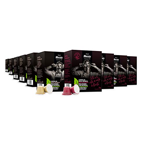 Mocay – Pack Mixto de Cápsulas de Café Compostables, Compatibles con Máquinas Nespresso, 6 Paquetes de 10 cápsulas de café natural – 4 Paquetes de 10 cápsulas de café descafeinado – 100 Cápsulas