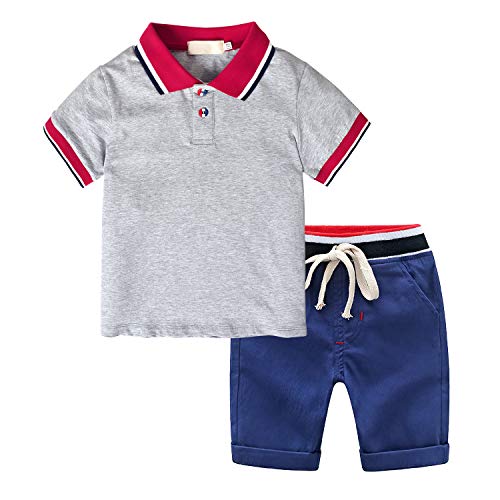 Niños Bebes Trajes de Verano Polo T-Shirt Tops Shorts de algodón Pantalones Conjuntos 2pcs Conjunto de Ropa, Gris/Azul Marino, 5-6 años