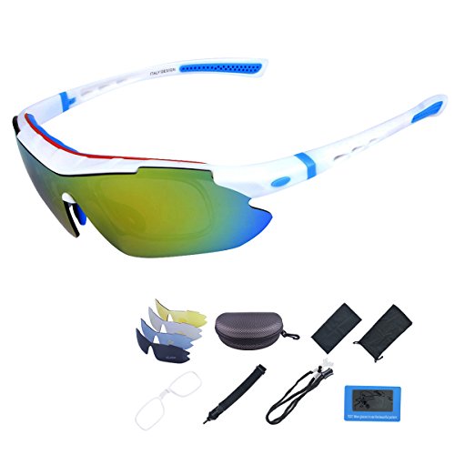 ShareWe Gafas de Ciclismo Unisex Gafas de Sol de Deportivas Polarizadas 5 Lentes Intercambiables para Deporte y Aire Libre Ciclismo Conducir Pesca Ski Esquiar Golf Correr (Blanco + Azul)