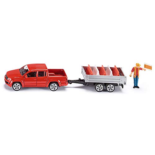 siku 3543 Coche Pick-up con remolque volquete, Incl. figura de juguete y 5 barreras de tráfico, 1:55, Metal/Plástico, Rojo