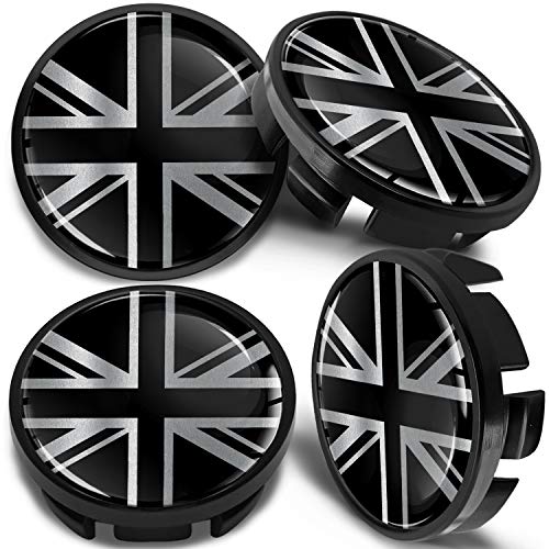 SkinoEu 4 x 65mm Tapas de Rueda de Centro Centrales Llantas Aluminio Compatibles con Tapacubos VW Número de Pieza 3B7601171 / 6U7601171 Negro Plata Bandera del Reino Unido UK CV 29