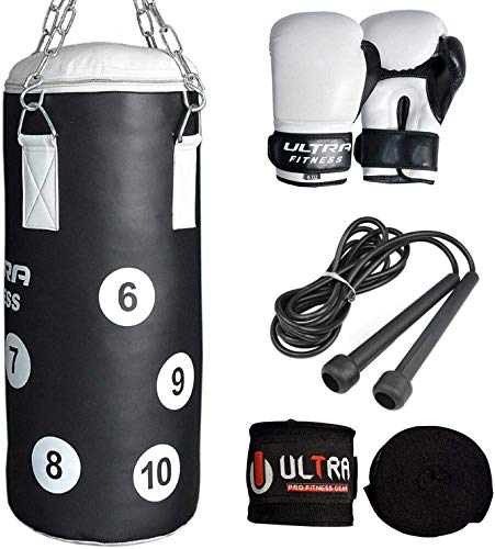 Ultra Fitness - Saco de boxeo para niños con envoltura de mano, cuerda para saltar, guantes y cadena para niños de 6 onzas