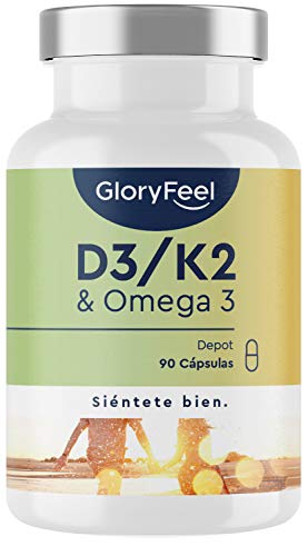 Vitamina D3 + K2 + Omega 3-5000 UI de Vitamina D - Materias primas de primera calidad: 99,7+% All-Trans K2 Original K2VITAL® - Omega 3 en forma de triglicéridos y D3 altamente biodisponible