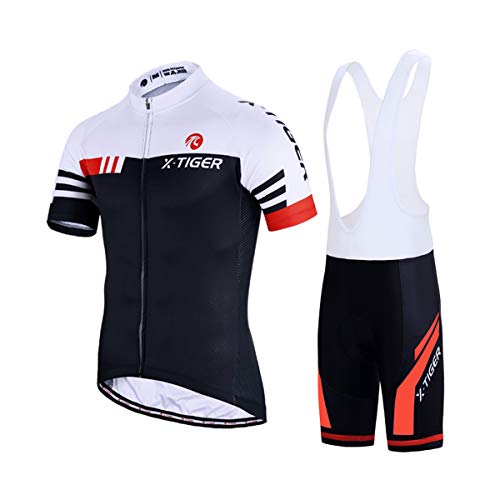 X-TIGER Hombres de Bicicleta con 5D Gel Acolchado MTB Ciclismo Tirantes Culotte Pantalones Cortos Culotes (XXL, Rojo y Blanco)