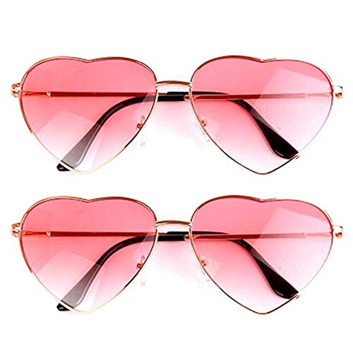 2 pares de gafas de sol con forma de corazón para hippie, accesorios de disfraz, ligeros y retro para mujeres y niñas, uso diario (una lente rosa, una lente azul y rosa, marco de oro rosa)