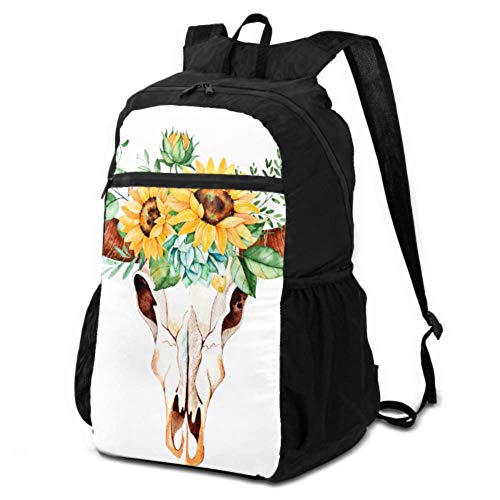 JOCHUAN Packable Backpack For Travel Bull Head Skull with Flowers Daypacks For Hiking Lightweight Hiking Daypack Lightweight Waterproof For Men & Womentravel Camping Outdoor