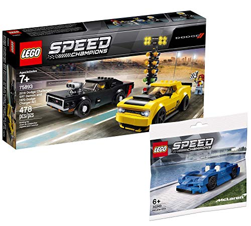 Juego de campeones Lego Speed Champions – 2018 Dodge Challenger SRT Demon y 1970 Dodge Charger R/T 75893 + McLaren Elva 30343 (bolsa de plástico)
