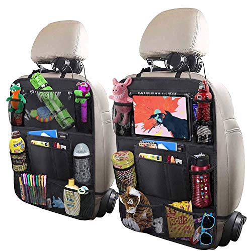 Organizador de 2 asientos traseros para automóvil, soporte para tableta con pantalla táctil de 10", 9 bolsillos de almacenamiento con botella de juguete
