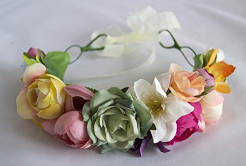 Diadema corona de flores de colores con lazo blanco para comunión y celebraciones. Envío GRATIS 72h