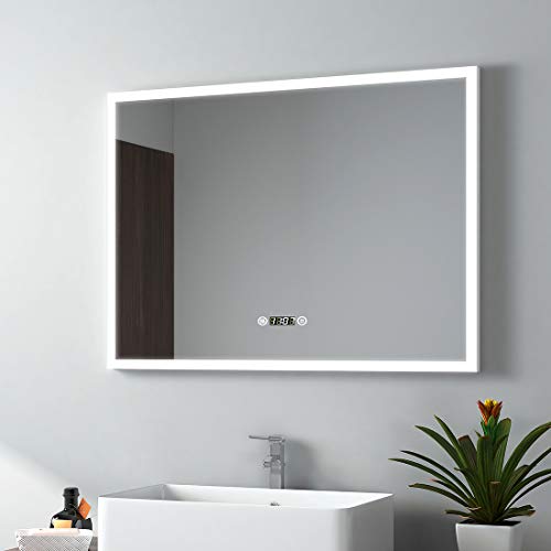 Emke Espejo de baño con iluminación LED, color blanco cálido, espejo de pared, aluminio cobre, Tipo K, 80x60cm Touchschalter + beschlagfrei + Uhr