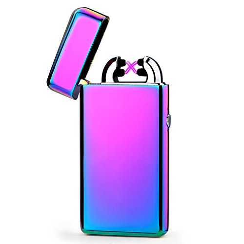 Emsmil USB Mechero Electrico Encendedor Lighter Antiviento Electronico Recargable Doble Arco sin Llama para Cigarrillos Metal Clasico de Hombre Arco Iris