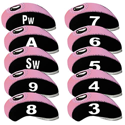 Kelis Juego de 10 fundas para cabezas de palos de golf con etiqueta numérica, color negro y rosa