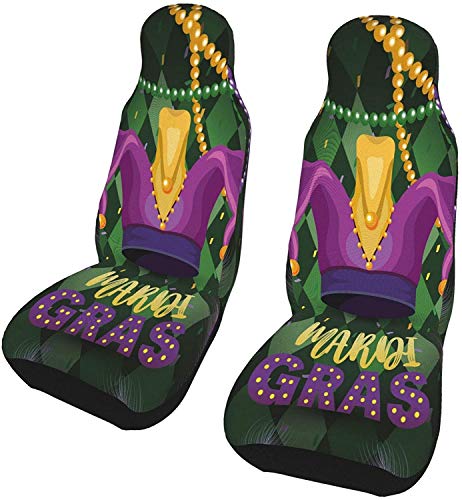 Mardi Gras Joker Hat Feather Juego de 2 fundas para asientos de automóvil Asientos delanteros Solo para automóviles Manta de sillín delantero Ajuste universal para vehículo Sedan SUV y camión Interio