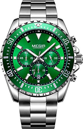 MEGIR Relojes Hombres Acero Inoxidable Impermeable 30M Deportes Reloj De Cuarzo Analógico Moda Fecha Negocios Reloj Clásico Negro Hombres (Verde)