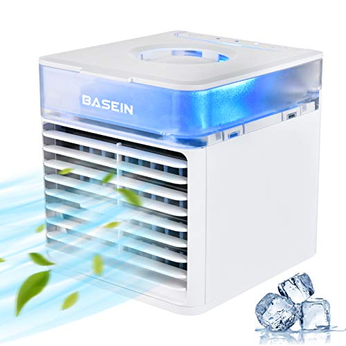 Mini enfriador de aire BASEIN, mini aire acondicionado portátil 3 en 1, enfriador de aire y humidificador, ventilador y purificador con 3 velocidades ajustables, 7 luces LED, hogar y la oficina