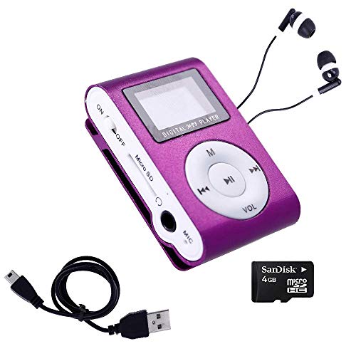 Mini Reproductor MP3 con Pantalla LCD y Enganche de Clip + Tarjeta de 4Gb + Cable de Carga + Auricular Blanco, Music Player Lila